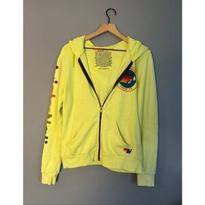 Aviator Nation Neon Yellow Zip Hoodie with Multicolor Logo
